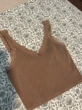 Lace-Trim Ribbed Tank Top - Brown - American Eagle size M